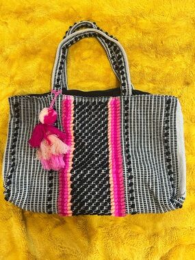 Black and Pink Woven Tote Bag with Pom Pom Accent EUC